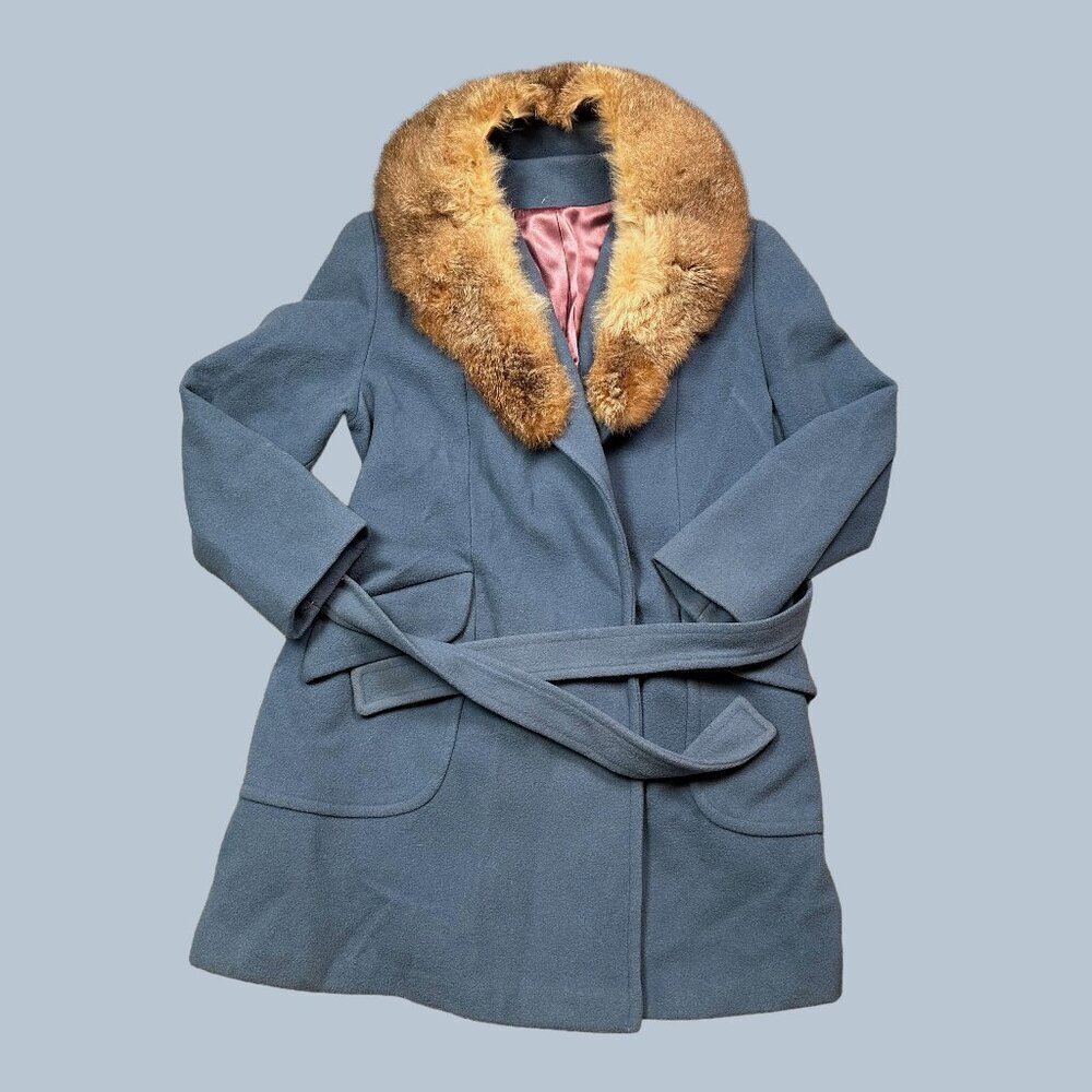 Vintage Unbranded Wool Blend Real Fur Winter Trench Coat Jacket Blue Small / Med